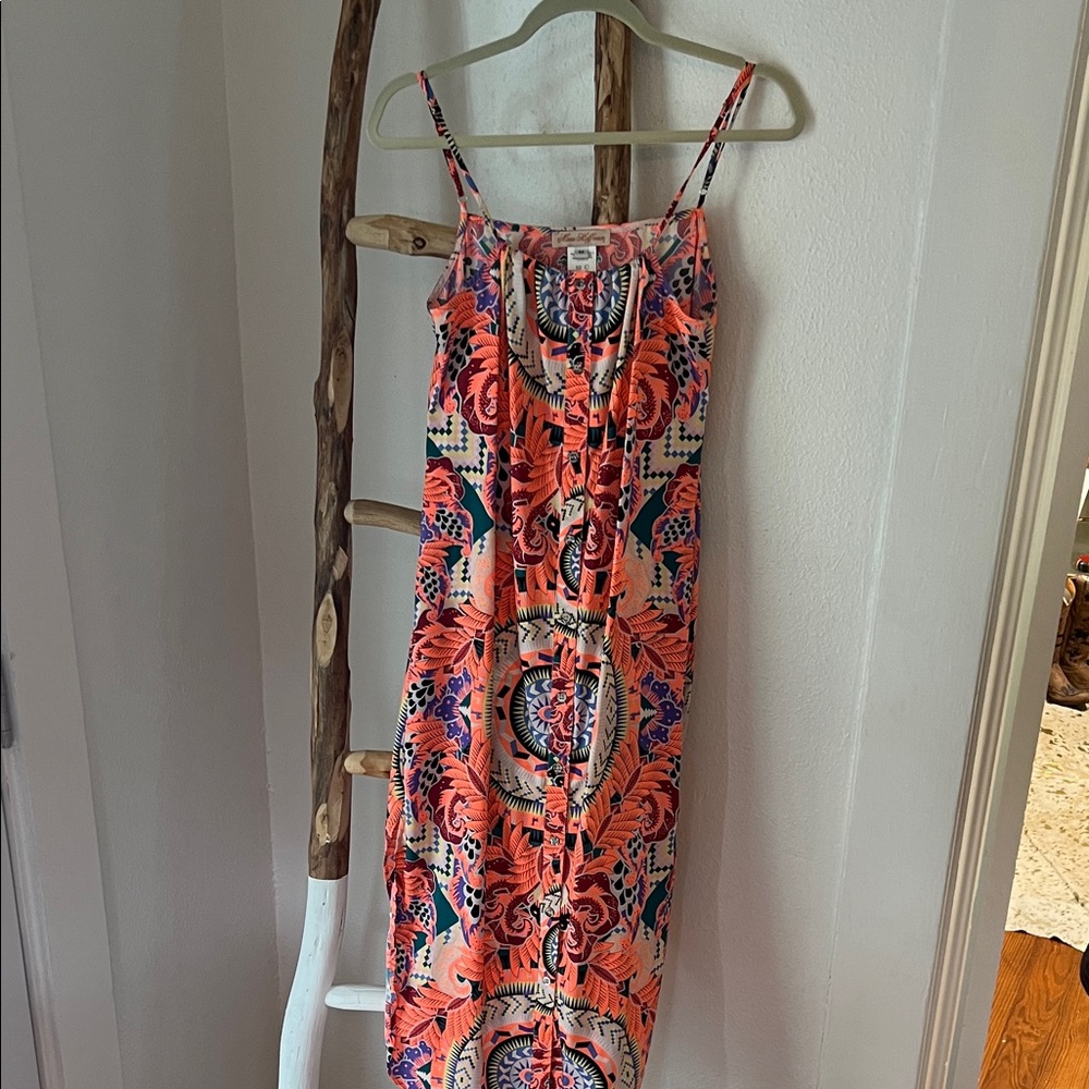 Mara Hoffman Neon Coral and Purple Printed Spaghetti-Strap Slip Midi Dress Med